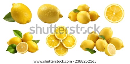 Yellow lemon lemons with leaf leaves, many angles and view side top front sliced halved cut isolated on white background cutout file. Mockup template for artwork graphic design
