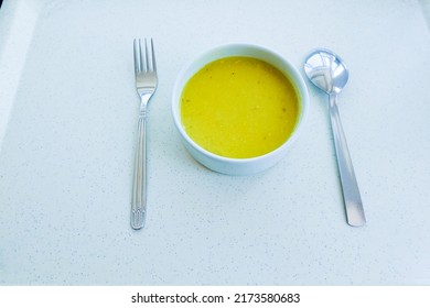 Yellow Lentil Soup White Plate Background. Turkish Meal
