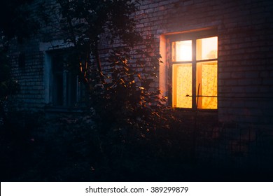 Yellow Light From Window Late At Night In The South Of Russia