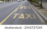 Yellow line is painted on the road with the words Bus and Taxi written on it. The line is in the middle of the road, separating the lanes for buses and taxis. The line is clearly visible