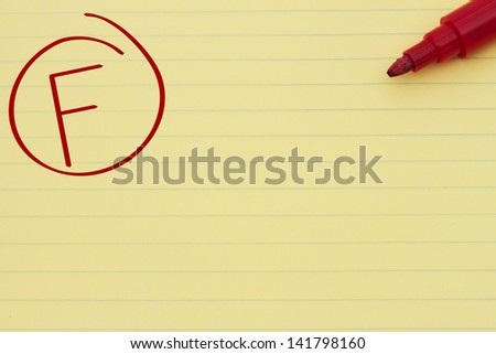 Yellow Lined Paper with the grade F in red circled and a marker, Getting a bad grade