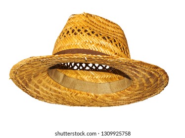 Yellow Man Straw Hat Isolated On White Background Side View.