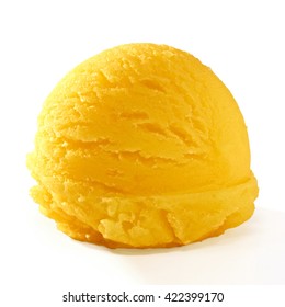 Yellow, Mango Ice Cream Scoop Isolated On White Background
