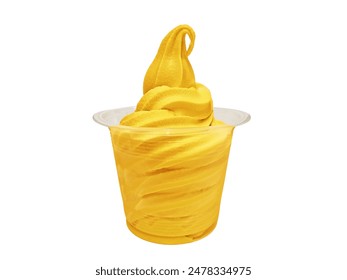 Yellow mango soft serve ice cream swirl in a plastic cup isolated on white background with clipping path. Mockup for fruity frozen yogurt cold dessert menu. - Powered by Shutterstock