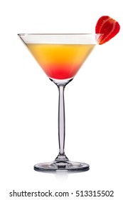 Yellow Martini Cocktail With Strawberry Isolated On White Background.