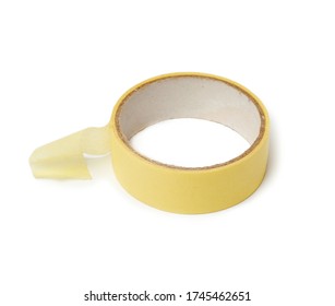 Yellow Masking Paper Tape In A Roll Isolated On White Background