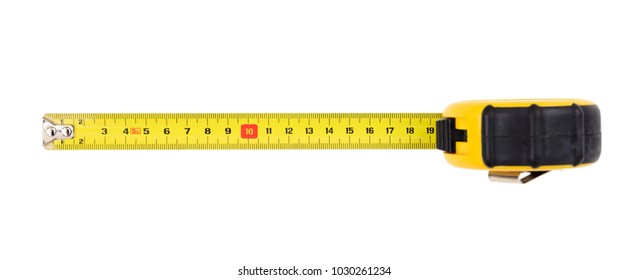 Yellow measuring tape isolated cut out on white background, top view - Shutterstock ID 1030261234