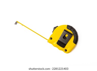 Yellow measuring tape isolated on white background. Construction concept. Builder's tools.