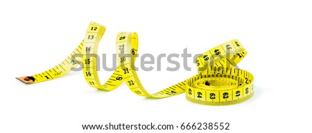 Yellow measuring tape isolated on white background. Diet concept