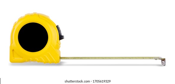 Yellow measuring tape on white background with Drop Down Shadow, Side View. COPY SPACE.