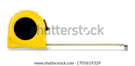 Yellow measuring tape on white background with Drop Down Shadow, Side View. COPY SPACE.