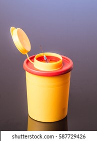 Yellow Medical Needle Disposal Waste Container, Syringe Needle With Red Drop On The Tip. Isolated