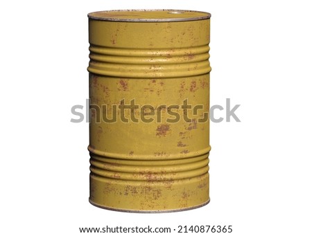 Yellow metal barrel for fuel, gasoline, diesel fuel isolated on a white background.