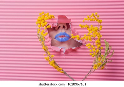 Yellow Mimosa Flower On Pastel Pink Background, Woman Lips With Blue Lipstick Show Throuh Paper Tear, Spring Minimalistic Concept, Flat Layout.