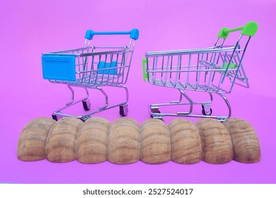 yellow Mini shopping trolley, shopping cart side view trolley red colour on white background | E-commerce supermarket trolley side view with yellow and pink and two - Powered by Shutterstock