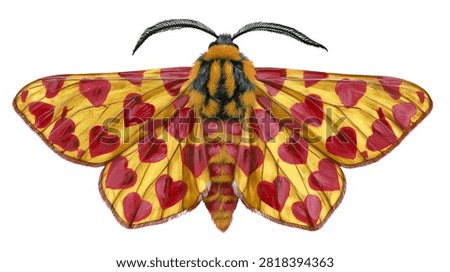 Yellow moth with red heart patterns on wings and fuzzy body
