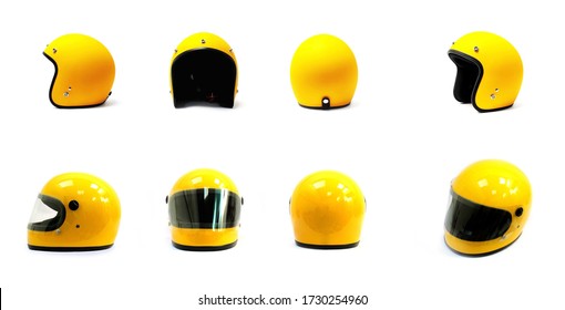 Yellow motorcycle Full helmet and Open face helmet on a white background, side back front - Shutterstock ID 1730254960