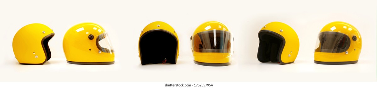 Yellow motorcycle Full helmet and Open face helmet on a white background, side back front - Shutterstock ID 1752557954