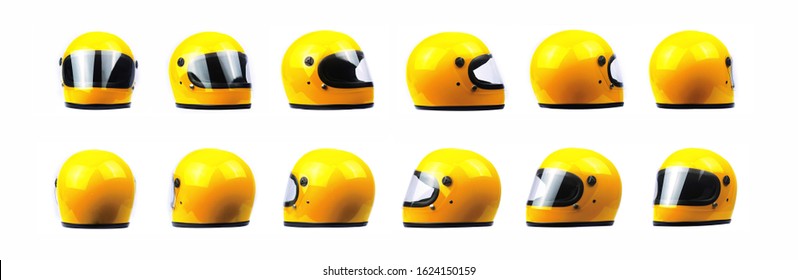 Yellow motorcycle helmet on a white background, front, back, side - Shutterstock ID 1624150159