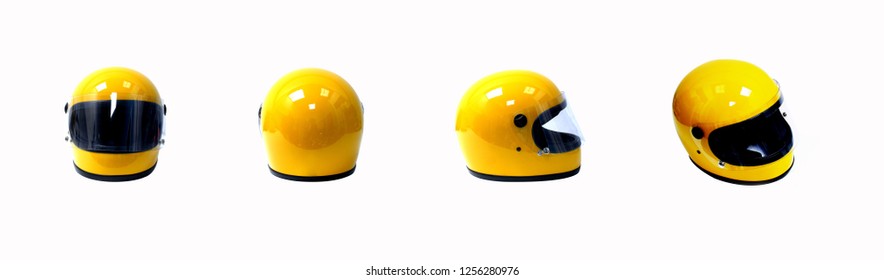 Yellow motorcycle helmets vintage, put on white background.Front,Back,Side,Perspective. - Shutterstock ID 1256280976