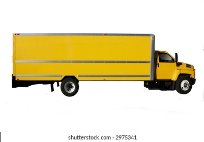 Yellow Moving Truck Isolated On Pure White Background