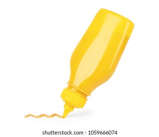 A Yellow Mustard Bottle Against A White Background