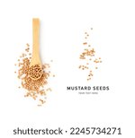 Yellow mustard seeds in bamboo wooden spoon creative layout. Mustard seed isolated on white background. Flat lay, top view. Design element. Healthy eating and dieting food concept
