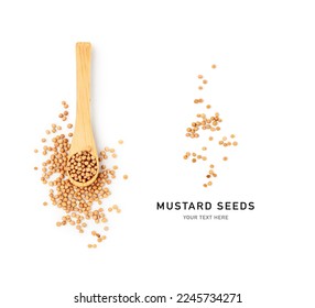 Yellow mustard seeds in bamboo wooden spoon creative layout. Mustard seed isolated on white background. Flat lay, top view. Design element. Healthy eating and dieting food concept
