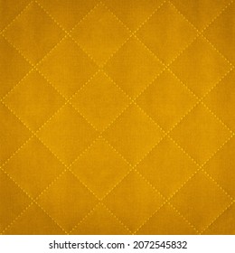 Yellow mustrad colored seamless natural cotton linen textile fabric texture pattern, with diamond quilted, rhombic stiching.  stitched background square