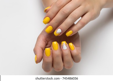 Yellow Nails With White Triangles On Square Short Nails 