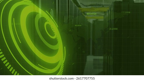 Yellow neon glowing round scanner and multiple numbers floating against computer server room. global networking and business data storage technology concept
