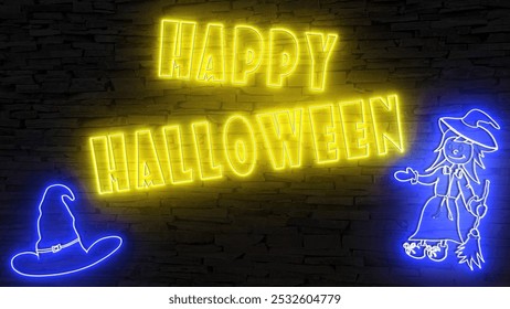 yellow neon sign HAPPY HALLOWEEN and blue neon signs of witch with broom and witches hat on brick wall background, illuminated, landscape, perfect for Halloween marketing - Powered by Shutterstock