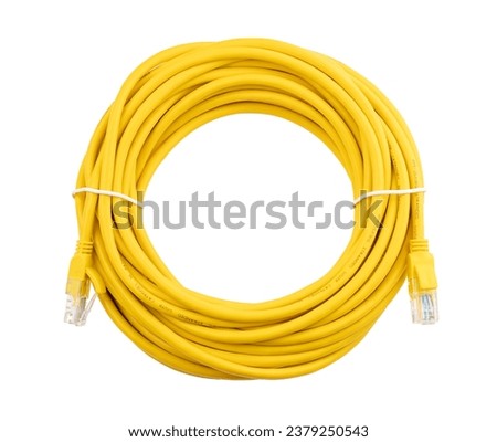 yellow network cable, isolated on white background. Closeup LAN cables with connector. Lan cable for internet network connection, gray lan cable on a white background. Ethernet network cable roll.