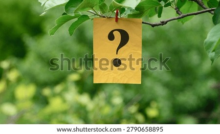 A yellow note with the Question mark on it clipped to a green tree branch. Close up.