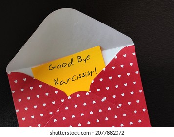 Yellow Note In Sweet Envelope With Text Written GOOD BYE NARCISSIST, Concept Of Empath Decide To Leave, Escape Or Ignore Abusive Relationship Attacks With Narcissist In Life