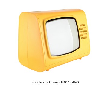 Yellow Old Vintage TV Set Isolated On White Background. 1970s, 1980s, 1990s TV.Side View.