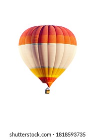 Yellow, orange and red hot balloon with unrecognizable tourists isolated on a white background