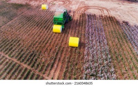 Yellow Packed Rolls Of Harvested Raw Cotton On A Agricluture Cotton Farm Of NSW, Australia With Harvestor Tractor.