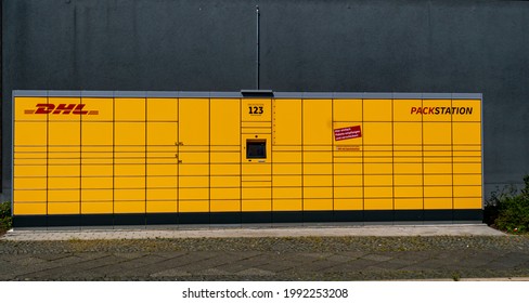 A Yellow Packing Station From Deutsche Post At The Roadside, Germany, 05.06.2021, Forst