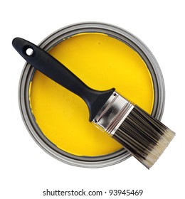 Yellow Paint With Paint Brush Over White Background