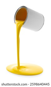 Yellow paint flowing down from can on white background
