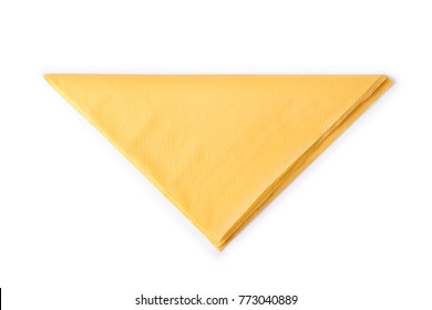 Yellow Paper Napkin Folded As Triangle. Isolated On White