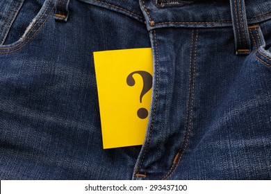 Yellow Paper Note With Question Mark Appears Out In Jeans Fly. Sexual Issues Concept.