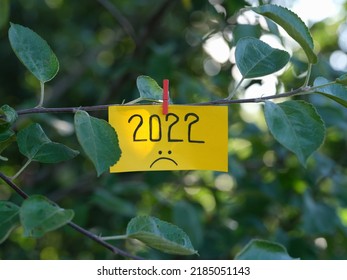 A yellow paper note with the year 2022 and a sad face on it attached to a tree with a clothes pin. Close up.