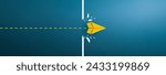 Yellow paper plane breaking through obstacle, Concept of overcoming barriers, goal, target. copy space