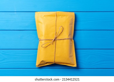 yellow paper postal envelopes. Top view. - Shutterstock ID 2134412521