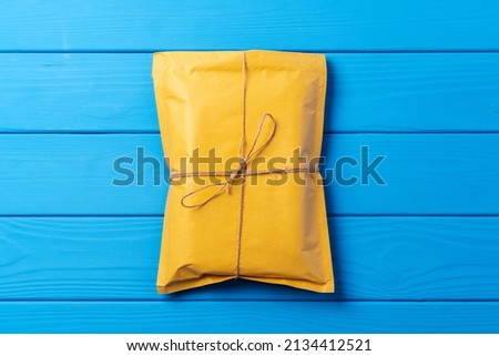 yellow paper postal envelopes. Top view.