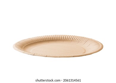 Yellow Paper Round Plate Isolated Over White Background. Perspective View.