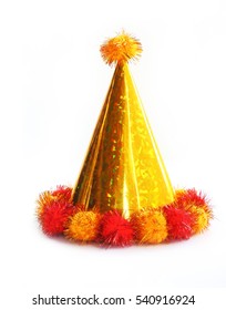 Yellow Party Hat Isolated On The White Background.