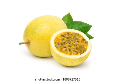 Yellow  passion fruit with cut in half and green leaf isolated on white background. - Shutterstock ID 1898927515